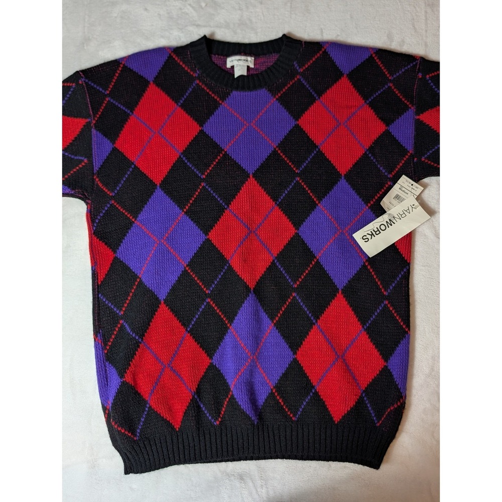 Yarn Works Vintage Argyle Sweater Red Purple Black Acrylic Knit Made USA
